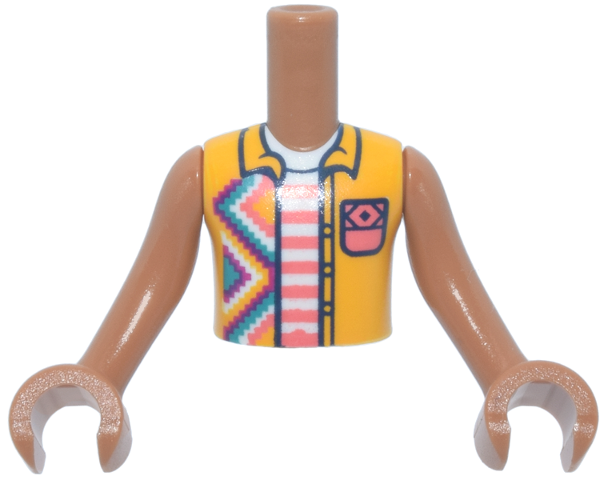 Torso Mini Doll Boy Bright Light Orange Sleeveless Shirt Open with Geometric Diamonds over White and Coral Striped Shirt  Pattern, Medium Nougat Arms with Hands