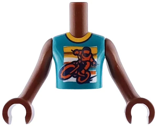 Torso Mini Doll Boy Dark Turquoise Sleeveless Shirt with Reddish Orange Motorcycle on Bright Light Orange and White Horizontal Stripes Pattern, Reddish Brown Arms with Hands
