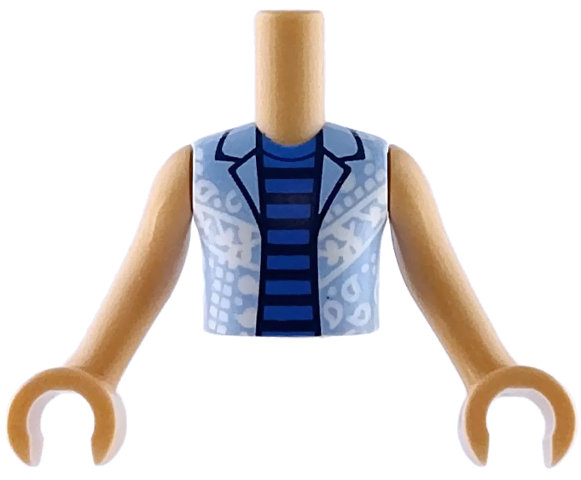 Torso Mini Doll Boy Bright Light Blue Open Shirt with White Shapes over Blue and Dark Blue Striped Undershirt Pattern, Medium Tan Arms with Hands