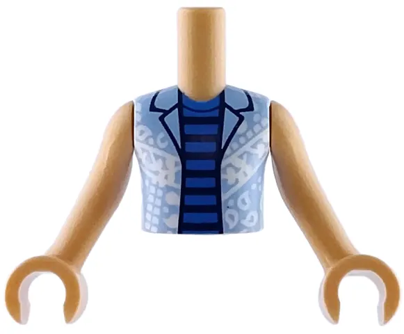 Torso Mini Doll Boy Bright Light Blue Open Shirt with White Shapes over Blue and Dark Blue Striped Undershirt Pattern, Medium Tan Arms with Hands