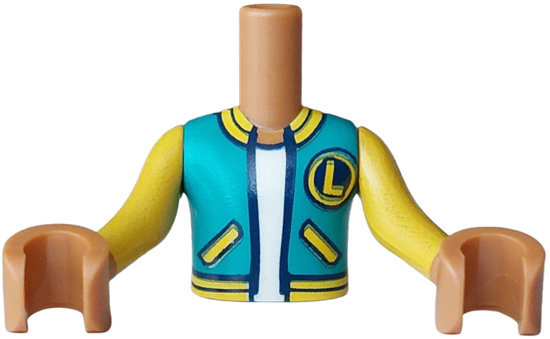 Torso Mini Doll Boy Dark Turquoise Open Jacket with Yellow Side Pockets, Trim and Letter L Badge over White Shirt Pattern, Medium Nougat Arms with Hands with Yellow Long Sleeves