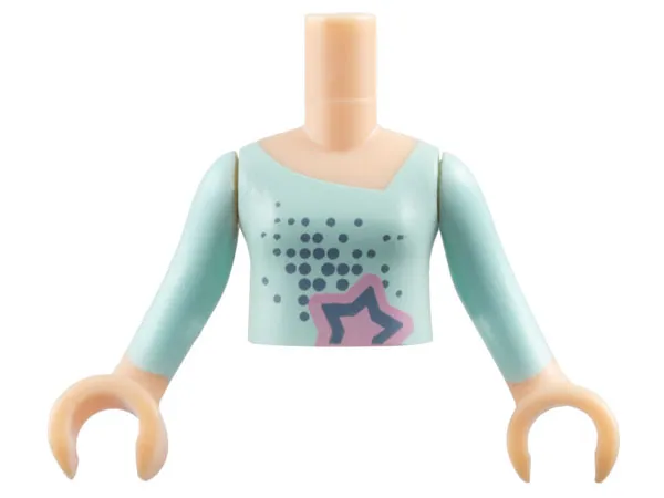 Torso Mini Doll Girl Light Aqua Long Vest Top with Star Pattern, Light Nougat Arms with Hands with Light Aqua Sleeves