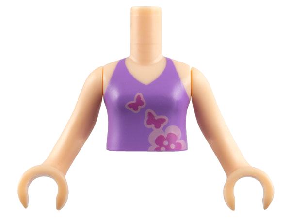 Torso Mini Doll Girl Medium Lavender Halter Top with Dark Pink Butterflies and Flower Pattern, Light Nougat Arms with Hands