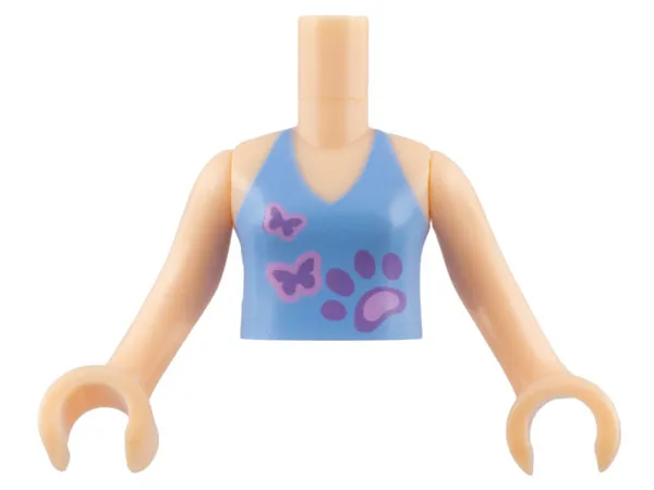 Torso Mini Doll Girl Medium Blue Halter Top with Paw Print and 2 Butterflies Pattern, Light Nougat Arms with Hands