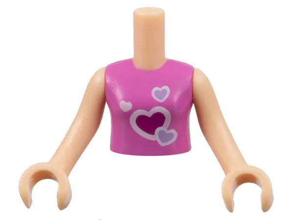 Torso Mini Doll Girl Dark Pink Vest Top with Hearts Pattern, Light Nougat Arms with Hands