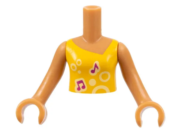 Torso Mini Doll Girl Bright Light Orange Vest Top with Music Notes and Circles Pattern, Medium Nougat Arms with Hands