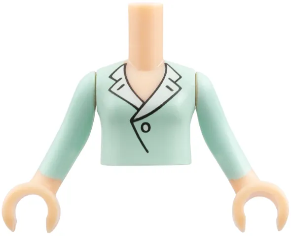 Torso Mini Doll Girl Light Aqua Blouse Top with White Lapels and Button Pattern, Light Nougat Arms with Hands with Light Aqua Long Sleeves