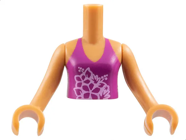 Torso Mini Doll Girl Magenta Halter Top with Bright Pink Flowers Pattern, Medium Nougat Arms with Hands