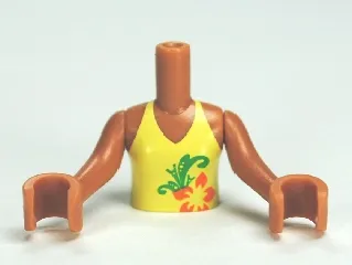 Torso Mini Doll Girl Bright Light Yellow Halter Top with Orange Flower Pattern, Medium Nougat Arms with Hands