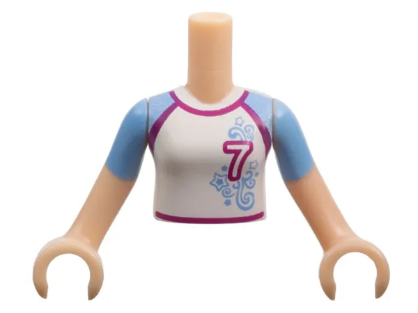 Torso Mini Doll Girl White Soccer Jersey with '7' Pattern, Light Nougat Arms with Hands with Bright Light Blue Short Sleeves