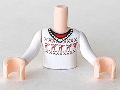 Torso Mini Doll Girl White Sweater Fair Isle with Red Moose Pattern, Light Nougat Arms with Hands with White Sleeves