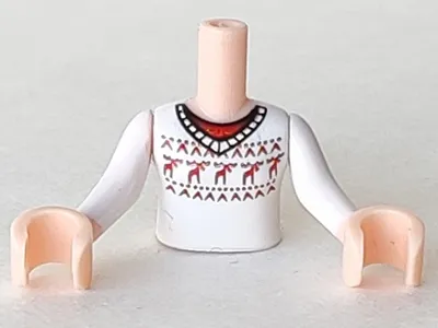 Torso Mini Doll Girl White Sweater Fair Isle with Red Moose Pattern, Light Nougat Arms with Hands with White Sleeves