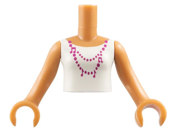 Torso Mini Doll Girl White Vest Top with Magenta Necklace with Music Notes Pattern, Medium Nougat Arms with Hands