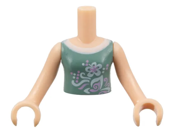 Torso Mini Doll Girl Sand Green Vest Top with Flower and Butterfly Pattern, Light Nougat Arms with Hands