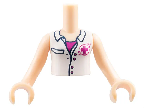 Torso Mini Doll Girl White Blouse Top with Pocket, Buttons, Open Collar, and Magenta Cross Logo over Shirt Pattern, Light Nougat Arms with Hands