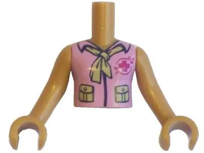 Torso Mini Doll Girl Bright Pink Blouse Top with Magenta Cross Logo and Dark Tan Scarf Pattern, Medium Nougat Arms with Hands