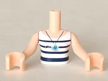Torso Mini Doll Girl White Top with Dark Blue Stripes and Necklace Pattern, Light Nougat Arms with Hands