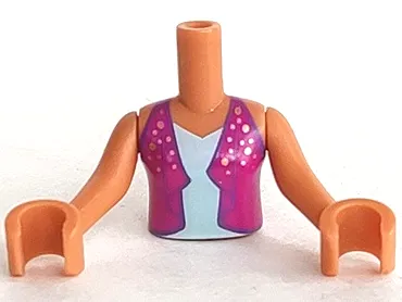 Torso Mini Doll Girl Magenta Open Vest with Gold Dots over Light Aqua Top Pattern, Medium Nougat Arms with Hands