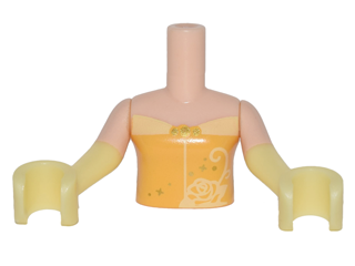 Torso Mini Doll Girl Bright Light Orange Top with Rose Trim Pattern, Light Nougat Arms with Hands with Bright Light Yellow Gloves