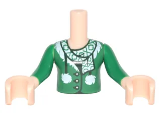 Torso Mini Doll Girl Green Sweater and Scarf and White Pom Poms Pattern, Light Nougat Arms with Hands with Green Long Sleeves