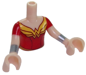 Torso Mini Doll Girl Red Top with Gold Wonder Woman Logo Pattern, Light Nougat Arms with Hands with Red Short Sleeves and Silver Bracelets