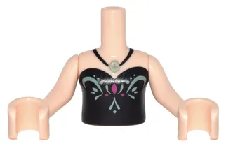 Torso Mini Doll Girl Black Strapless Top with Sand Green and Magenta Design, Leaf Pendant Necklace Pattern, Light Nougat Arms with Hands