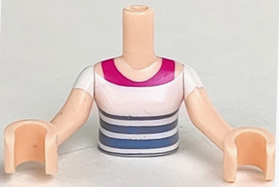Torso Mini Doll Girl White Strapless Top with Sand Blue Stripes over Magenta Tank Top Pattern, Light Nougat Arms with Hands with White Short Sleeves