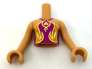 Torso Mini Doll Girl Magenta Top, Gold and Orange Fire Symbol, Trim Pattern, Medium Nougat Arms with Hands with Dark Purple Elves Tattoo Left