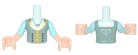 Torso Mini Doll Girl Sand Green Bodice Top with Gold Trim Pattern, Light Nougat Arms with Hands with Light Aqua Sleeves