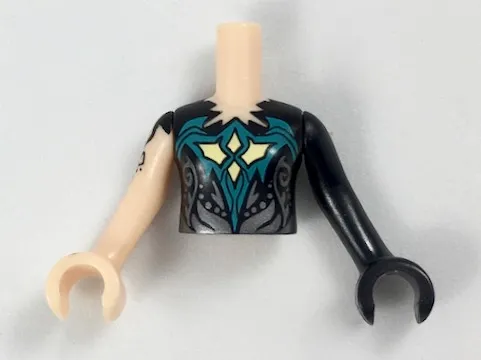 Torso Mini Doll Girl Black Top, Jagged Neckline Pattern, Black Arm with Hand Left, Light Nougat Arm with Hand and Black Tattoo Right