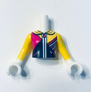 Torso Mini Doll Girl Yellow Top with Dark Blue and Magenta Zip-Front Pattern, Yellow Arms / Sleeves with White Hands / Gloves