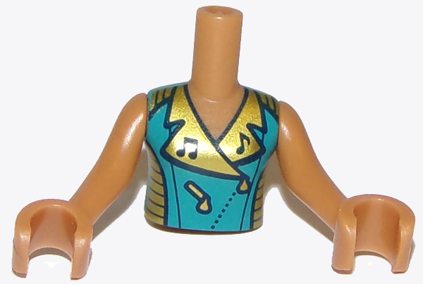 Torso Mini Doll Girl Dark Turquoise Top with Gold Collar and Sides Pattern, Medium Nougat Arms with Hands