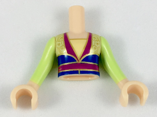Torso Mini Doll Girl Yellowish Green Top with Gold Flowers and Magenta and Dark Blue Trim Pattern, Light Nougat Hands with Yellowish Green Sleeves