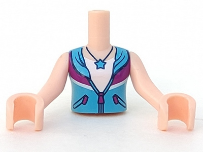 Torso Mini Doll Girl Medium Azure and Magenta Jacket over White Shirt with Star Necklace Pattern, Light Nougat Arms with Hands
