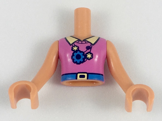 Torso Mini Doll Girl Dark Pink Sweater with Bright Light Yellow Collar, Stars and Gears Necklace, Dark Azure Belt Pattern, Nougat Arms with Hands