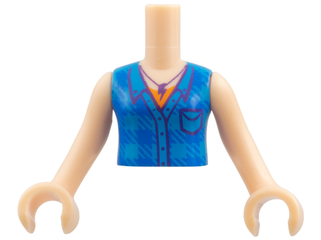 Torso Mini Doll Girl Dark Azure Plaid Shirt over Orange T-Shirt, Dark Purple Lightning Necklace Pattern, Light Nougat Arms with Hands