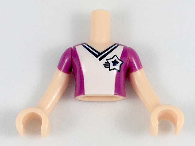 Torso Mini Doll Girl Magenta Soccer / Football Jersey with White Front, Star Logo Pattern, Light Nougat Arms with Hands with Magenta Sleeves