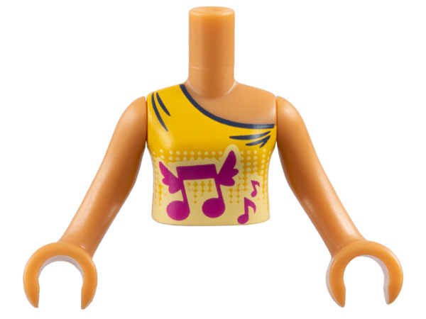 Torso Mini Doll Girl Bright Light Orange Vest Top with Winged Music Notes Pattern, Medium Nougat Arms with Hands