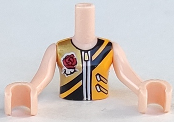 Torso Mini Doll Girl Bright Light Orange Vest with Zippers, Black Stripes and Gold Panel with Rose Pattern, Light Nougat Arms with Hands