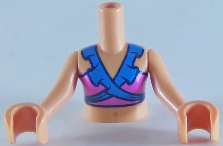Torso Mini Doll Girl Dark Pink and Dark Azure Swimsuit Top Pattern, Nougat Arms with Hands
