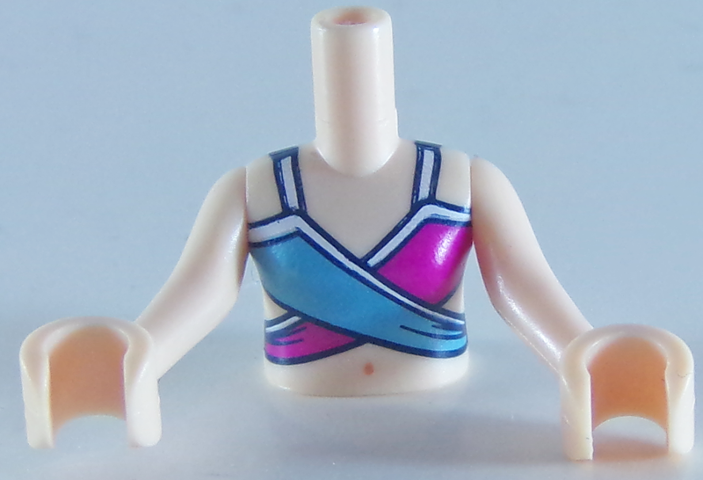 Torso Mini Doll Girl Magenta and Medium Blue Swimsuit Top Pattern, Light Nougat Arms with Hands