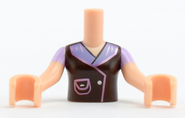 Torso Mini Doll Girl Black Buttoned Coat Pattern, Light Nougat Arms with Hands with Lavender Sleeves