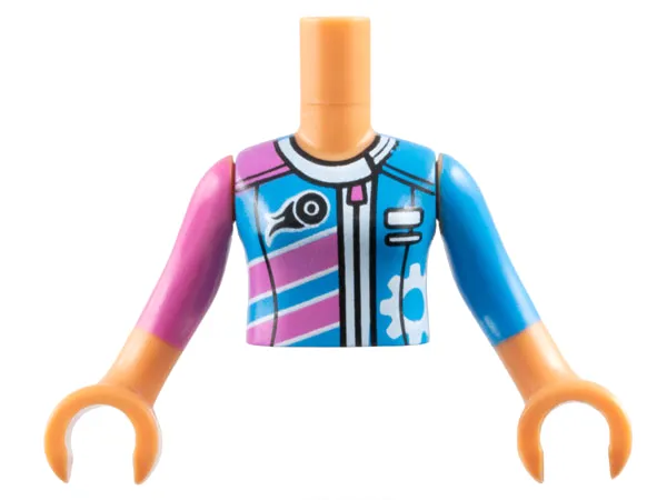 Torso Mini Doll Girl Dark Pink and Dark Azure Racing Jacket Pattern, Nougat Arms with Hands with Dark Pink Right Sleeve, Dark Azure Left Sleeve