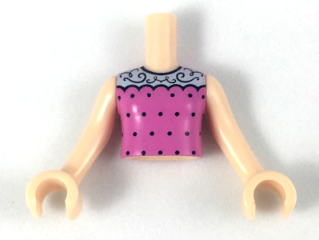 Torso Mini Doll Girl Dark Pink Top with White Scalloped Collar and Black Dots Pattern, Light Nougat Arms with Hands