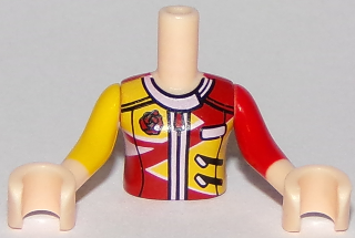 Torso Mini Doll Girl Red and Yellow Racing Jacket Pattern, Light Nougat Arms with Hands with Yellow Right Sleeve, Red Left Sleeve