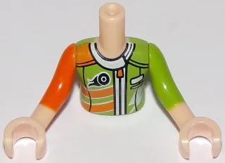 Torso Mini Doll Girl Lime and Orange Racing Jacket Pattern, Light Nougat Arms with Hands with Orange Right Sleeve, Lime Left Sleeve