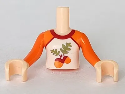 Torso Mini Doll Girl Orange Shirt with White Front and Acorns with Leaves Pattern, Light Nougat Arms with Hands with Orange Sleeves