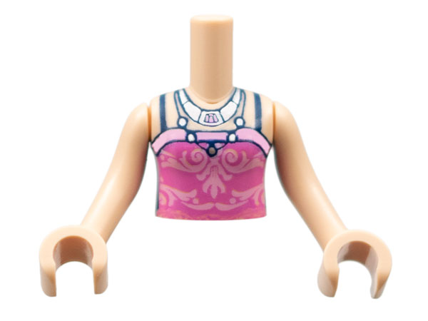 Torso Mini Doll Girl Dark Pink Top with Bright Pink Filigree, Dark Blue Straps, 2 Silver Necklaces Pattern, Light Nougat Arms with Hands