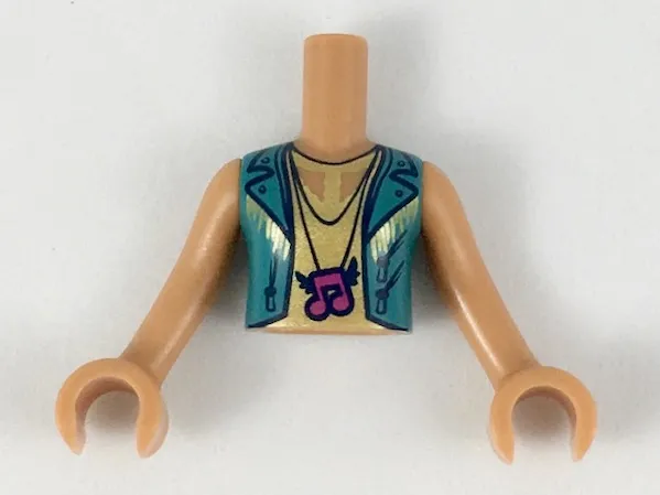 Torso Mini Doll Girl Gold Top with Dark Turquoise Vest, Magenta Music Note Necklace Pattern, Medium Nougat Arms with Hands