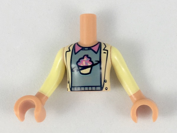 Torso Mini Doll Girl Sand Green Sweater with Cupcake, Light Yellow Jacket Pattern, Nougat Arms with Hands with Light Yellow Sleeves